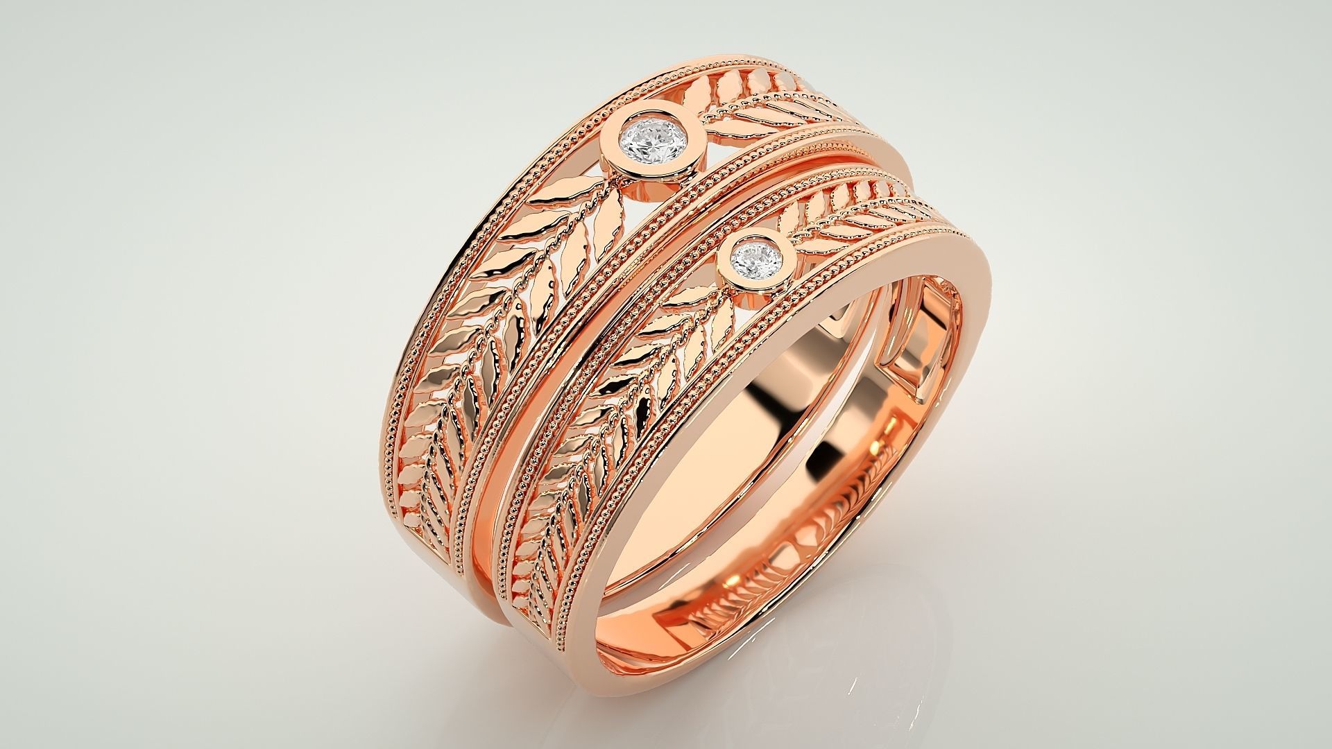 Leaf Theme Solitaire Couple Band Ring 3dm stl render detail  3D print model_4