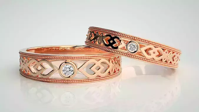 Solitaire Mesh Couple Band Ring 3dm stl render detail