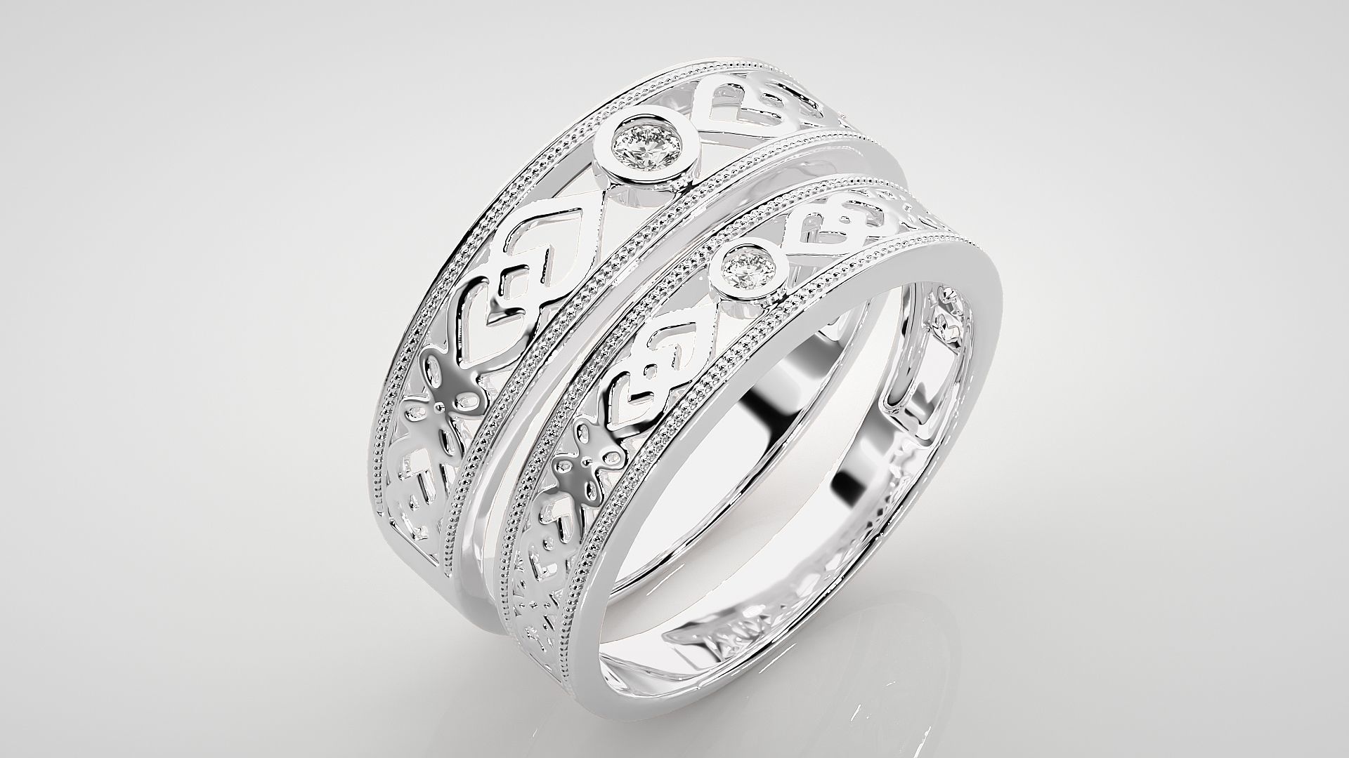 Solitaire Mesh Couple Band Ring 3dm stl render detail 3D print model_8