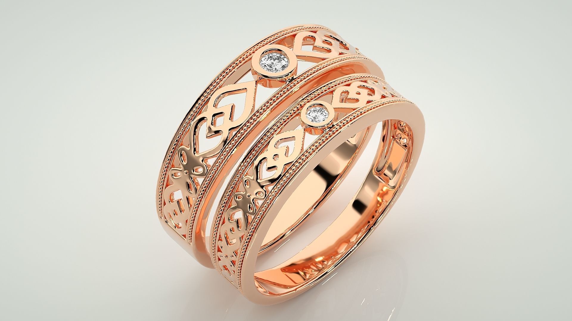 Solitaire Mesh Couple Band Ring 3dm stl render detail 3D print model_4