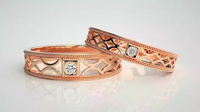 Solitaire Mesh Couple Band Ring 3dm stl render detail