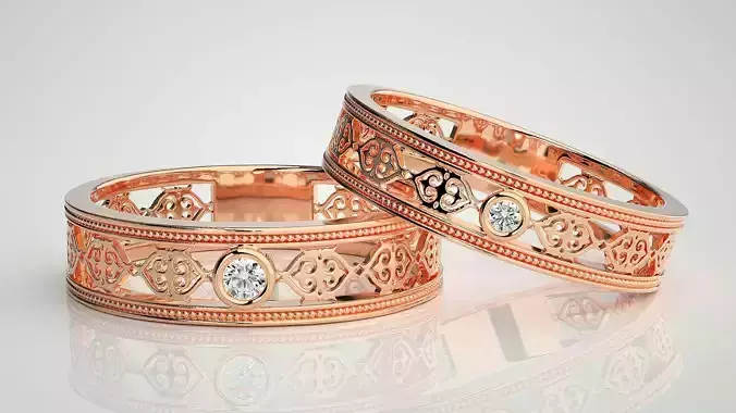 Solitaire Mesh Couple Band Ring 3dm stl render detail 