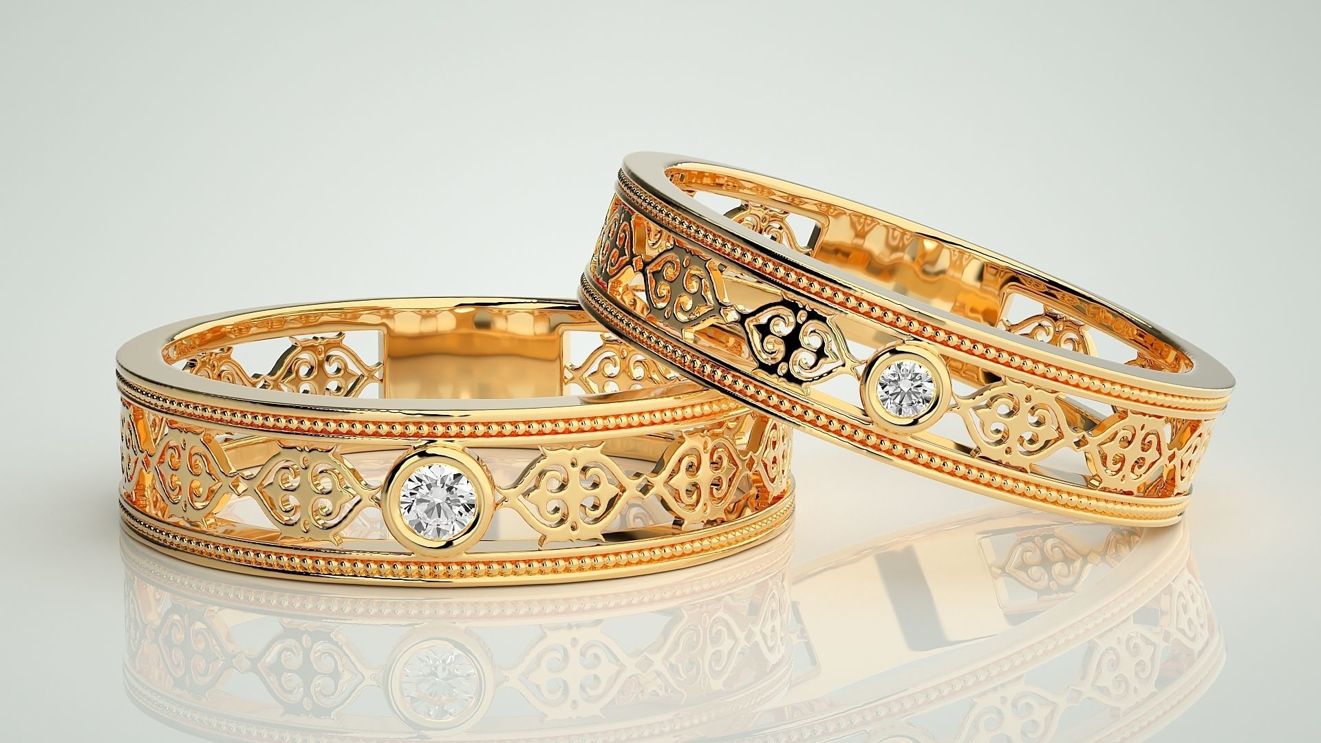 Solitaire Mesh Couple Band Ring 3dm stl render detail 3D print model_9