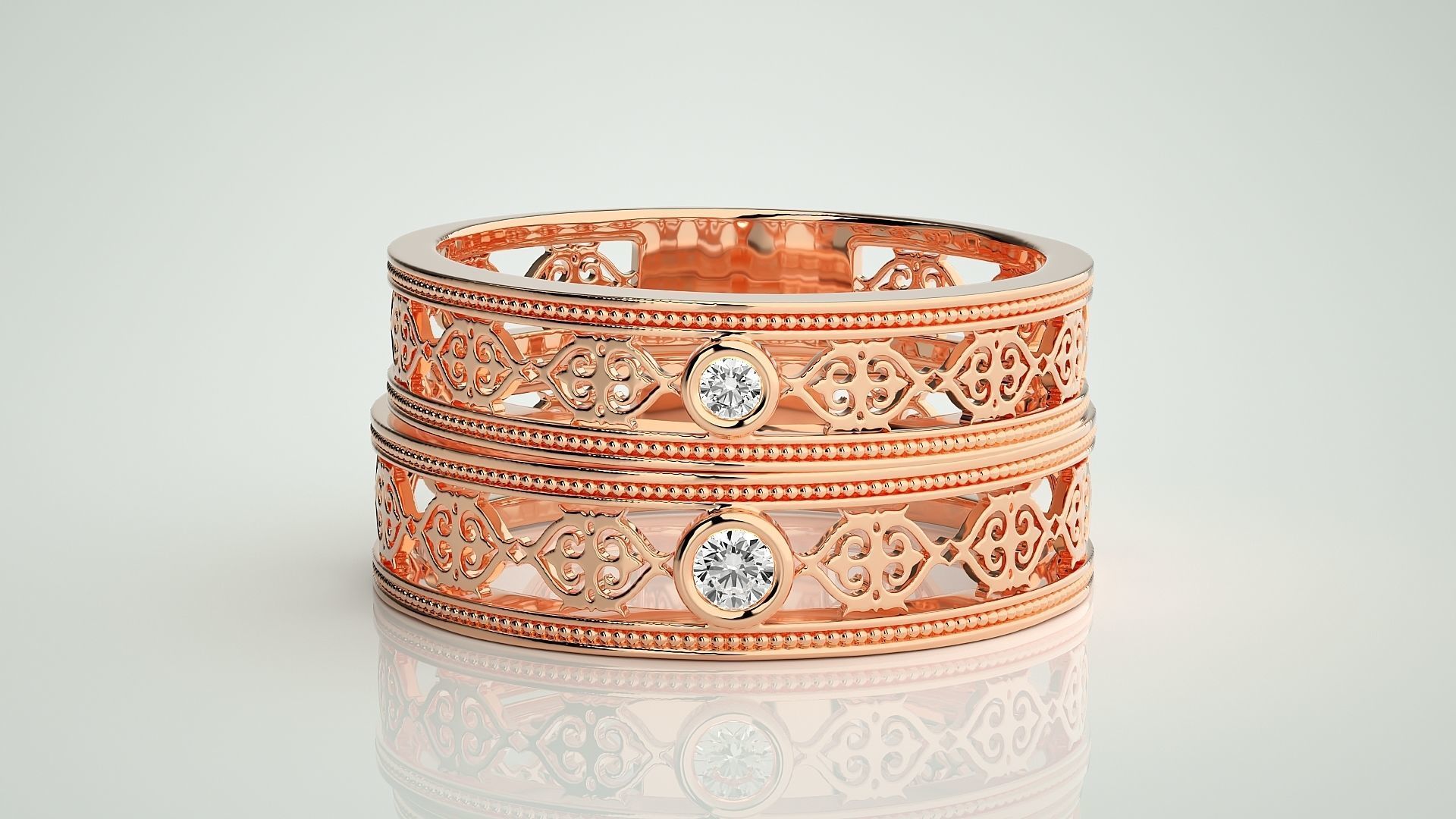 Solitaire Mesh Couple Band Ring 3dm stl render detail 3D print model_2