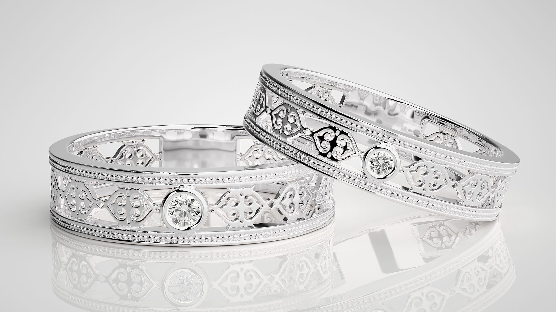 Solitaire Mesh Couple Band Ring 3dm stl render detail 3D print model_5