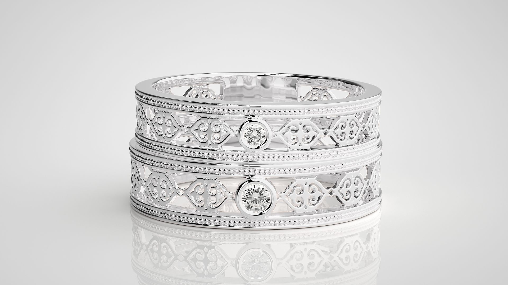 Solitaire Mesh Couple Band Ring 3dm stl render detail 3D print model_7