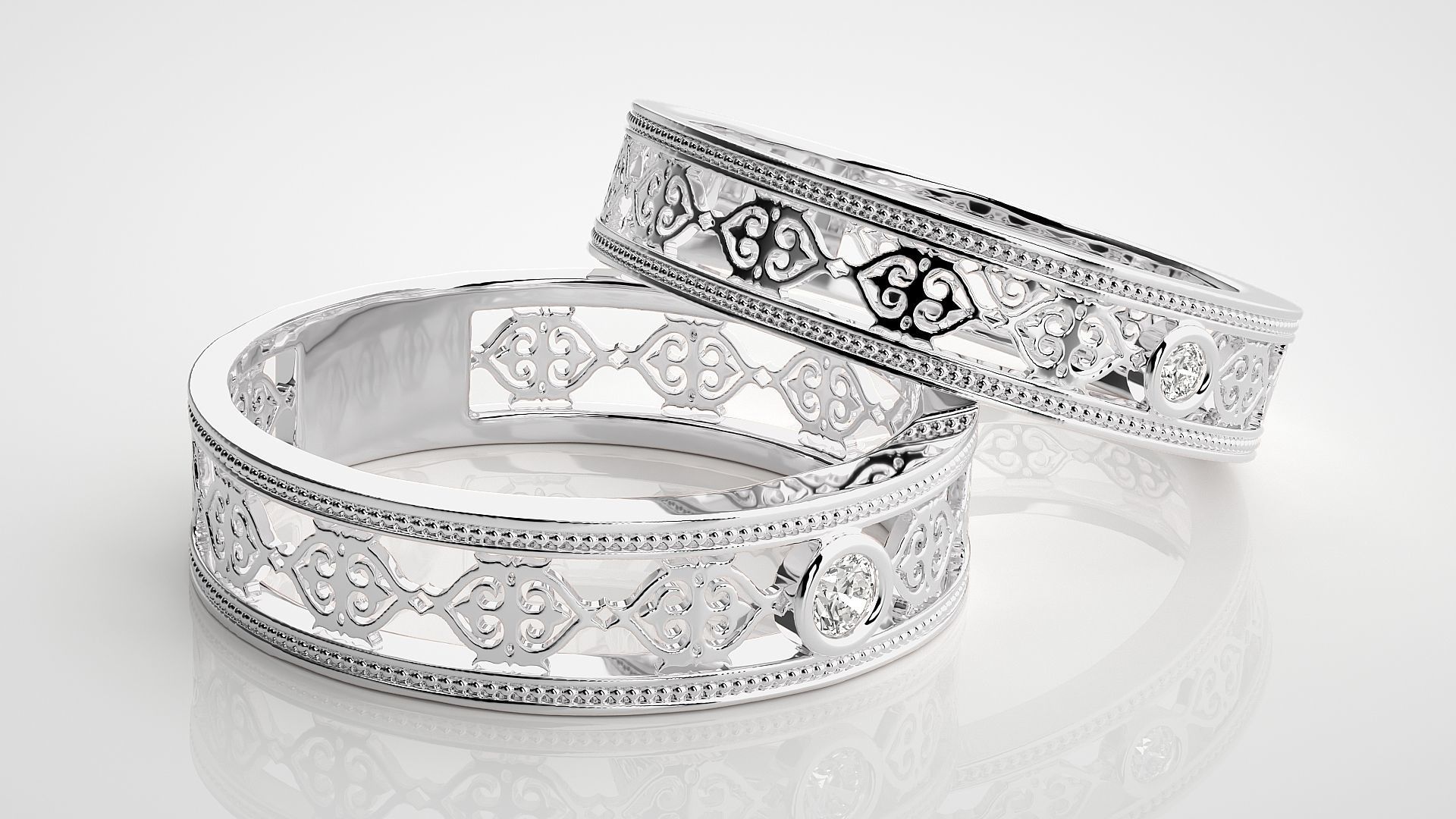 Solitaire Mesh Couple Band Ring 3dm stl render detail 3D print model_6