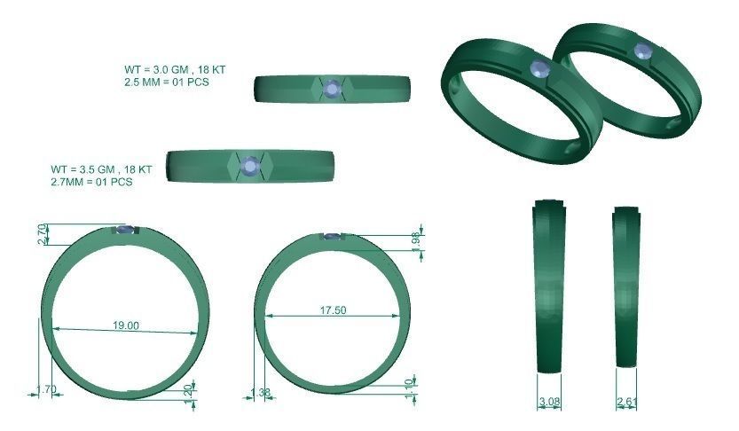 Solitaire Couple Band Ring 3dm stl render detail 3D print model_3