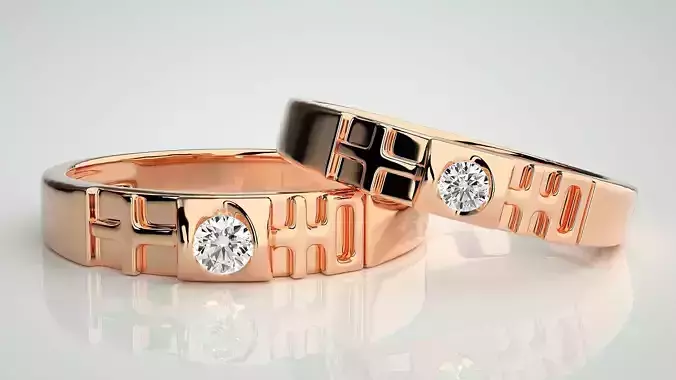 Cross Solitaire Couple Band Ring 3dm stl render detail  3D print model