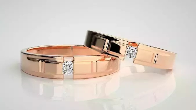 Solitaire Couple Band Ring 3dm stl render detail