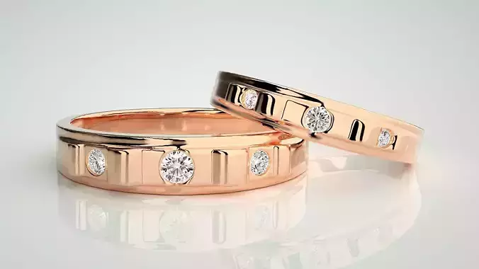 Tri-Diamond Solitaire Couple Band Ring 3dm stl render detail 