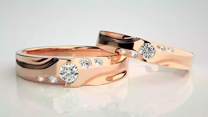 Solitaire Couple Band Ring 3dm stl render detail