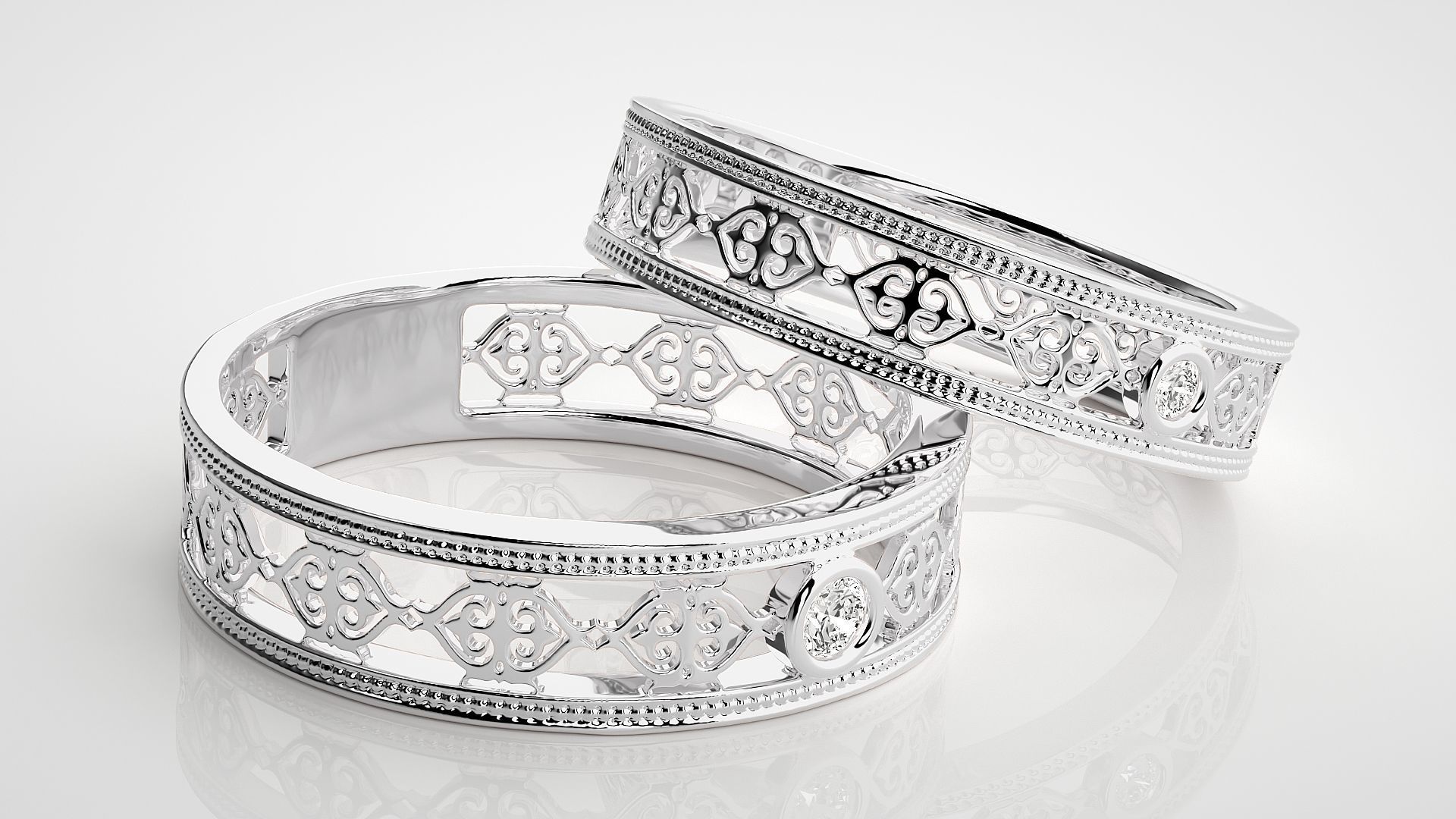 Solitaire Mesh Couple Band Ring 3dm stl render detail 3D print model_6