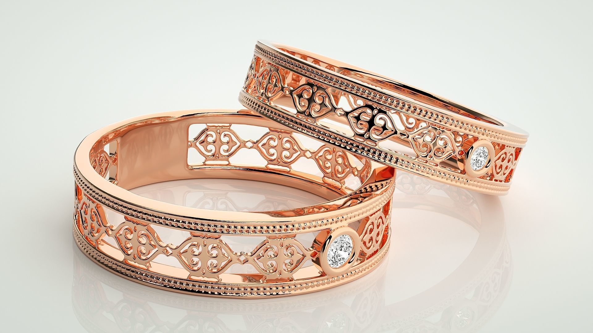 Solitaire Mesh Couple Band Ring 3dm stl render detail 3D print model_1