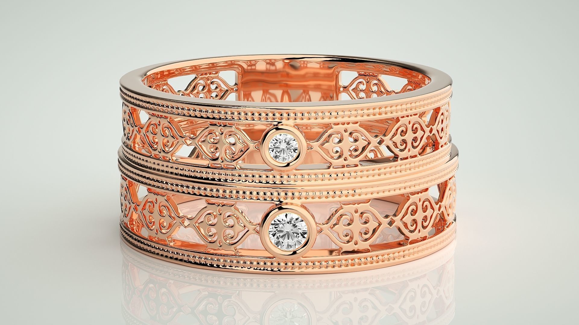 Solitaire Mesh Couple Band Ring 3dm stl render detail 3D print model_2