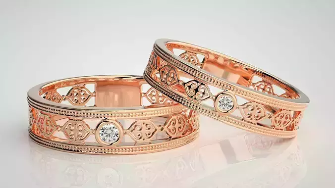 Solitaire Mesh Couple Band Ring 3dm stl render detail