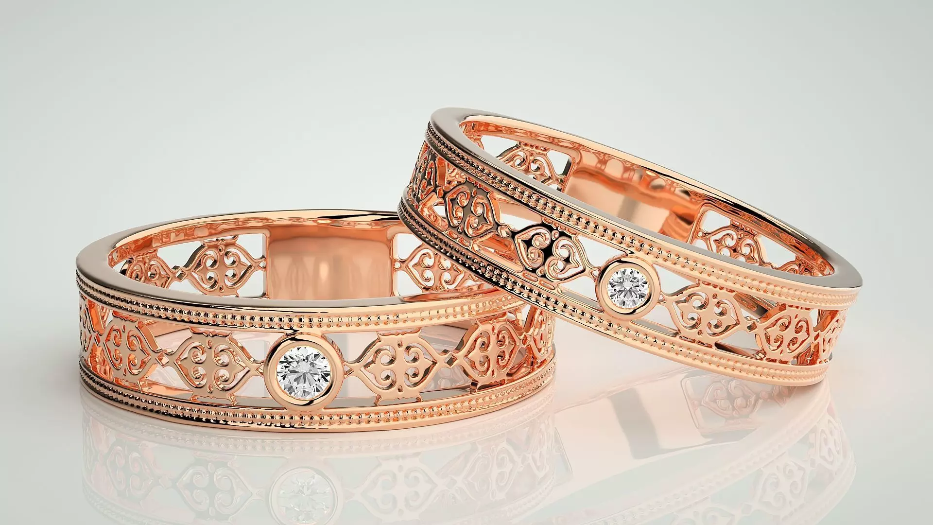 Solitaire Mesh Couple Band Ring 3dm stl render detail 3D print model_0