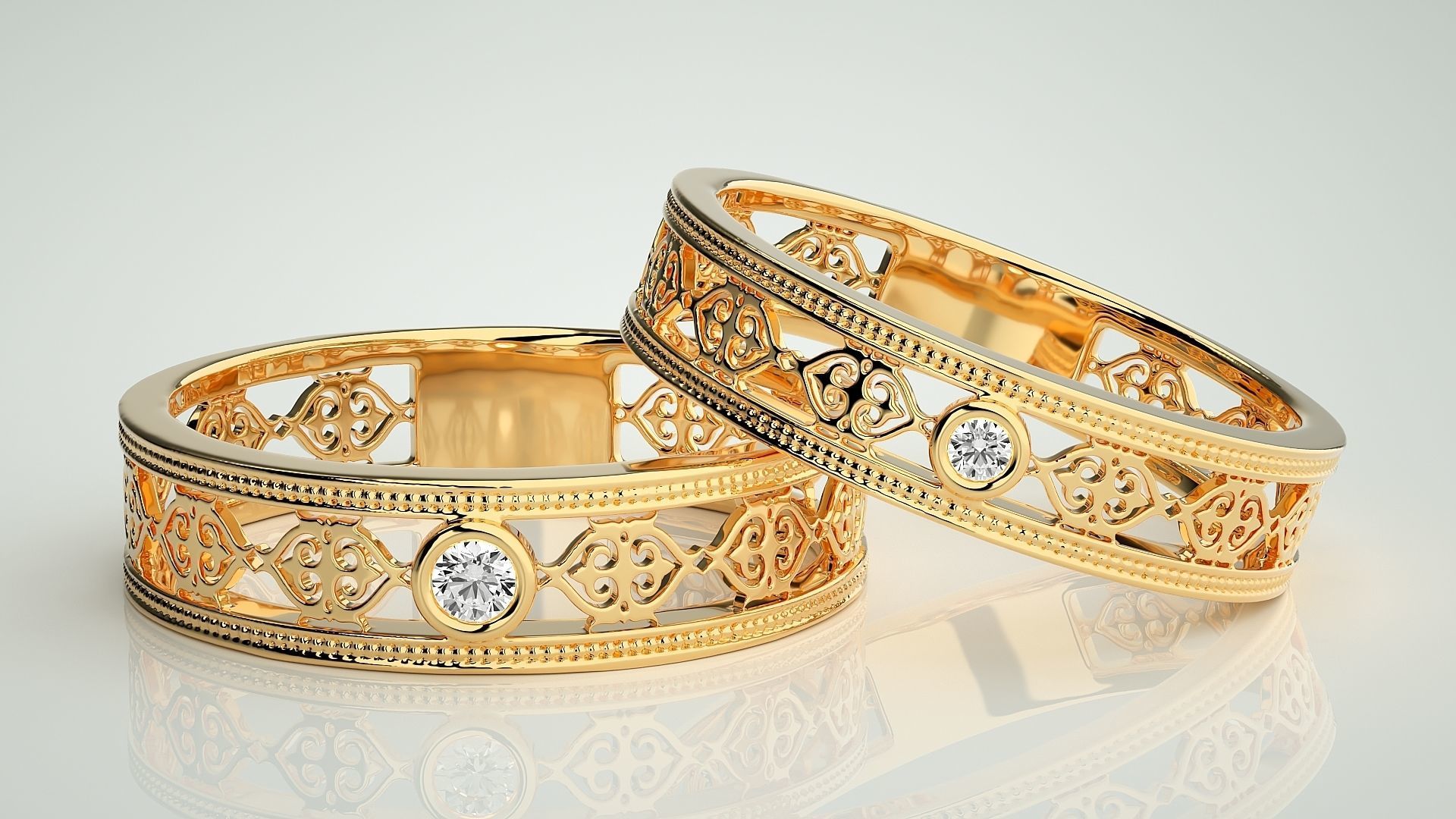 Solitaire Mesh Couple Band Ring 3dm stl render detail 3D print model_9