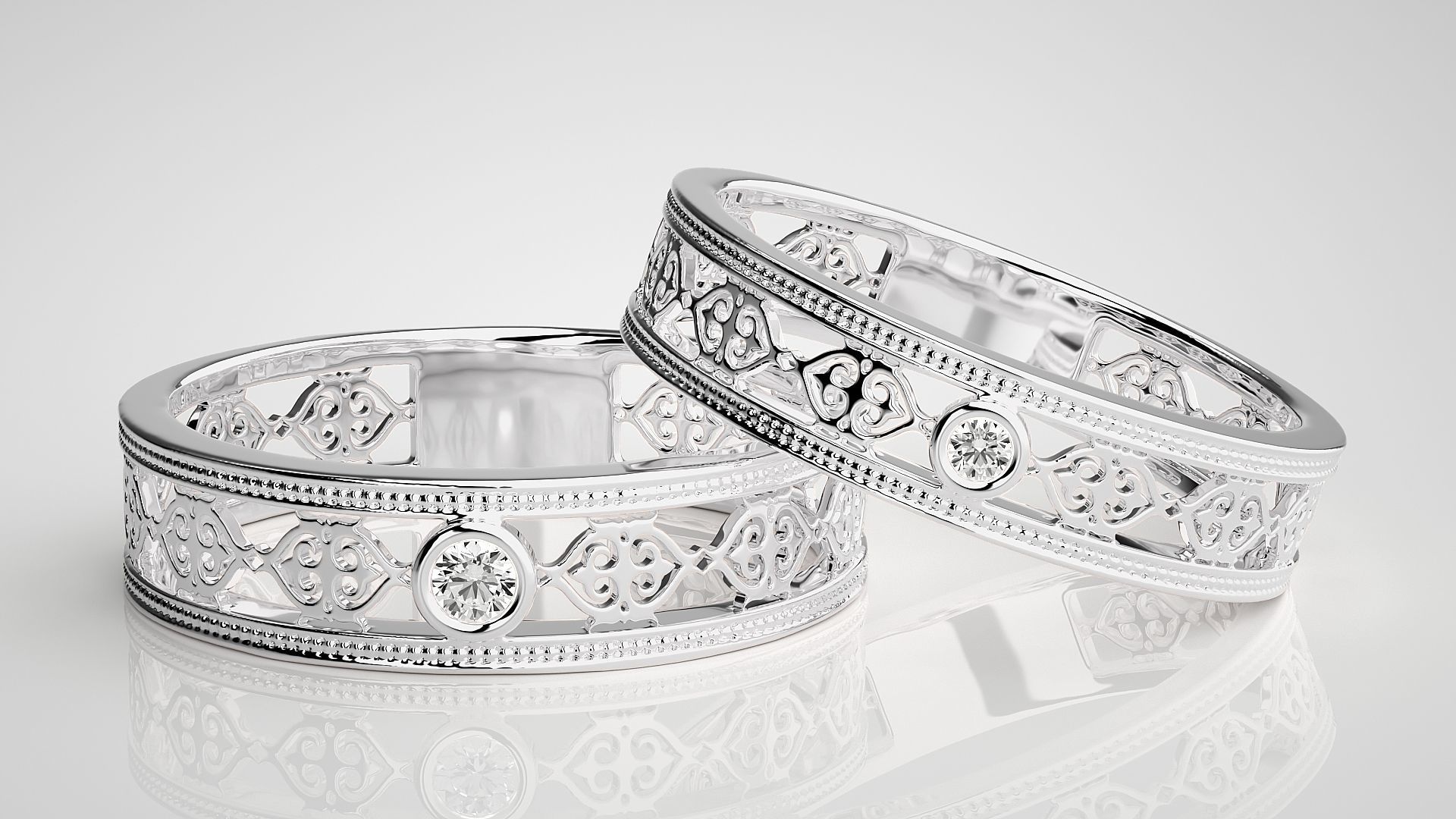 Solitaire Mesh Couple Band Ring 3dm stl render detail 3D print model_5