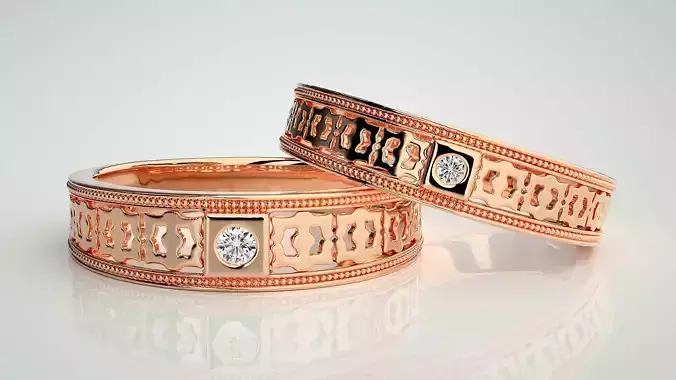 Solitaire Couple Band Ring 3dm stl render detail