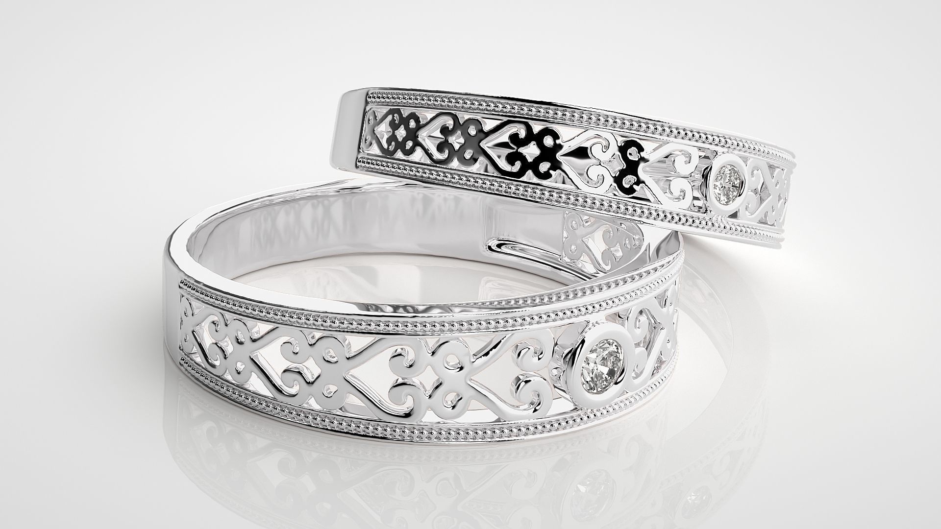 Solitaire Mesh Couple Band Ring 3dm stl render detail 3D print model_6