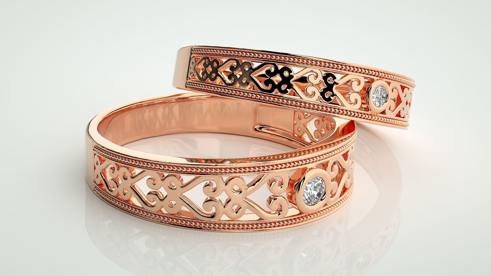 Solitaire Mesh Couple Band Ring 3dm stl render detail 3D print model_1