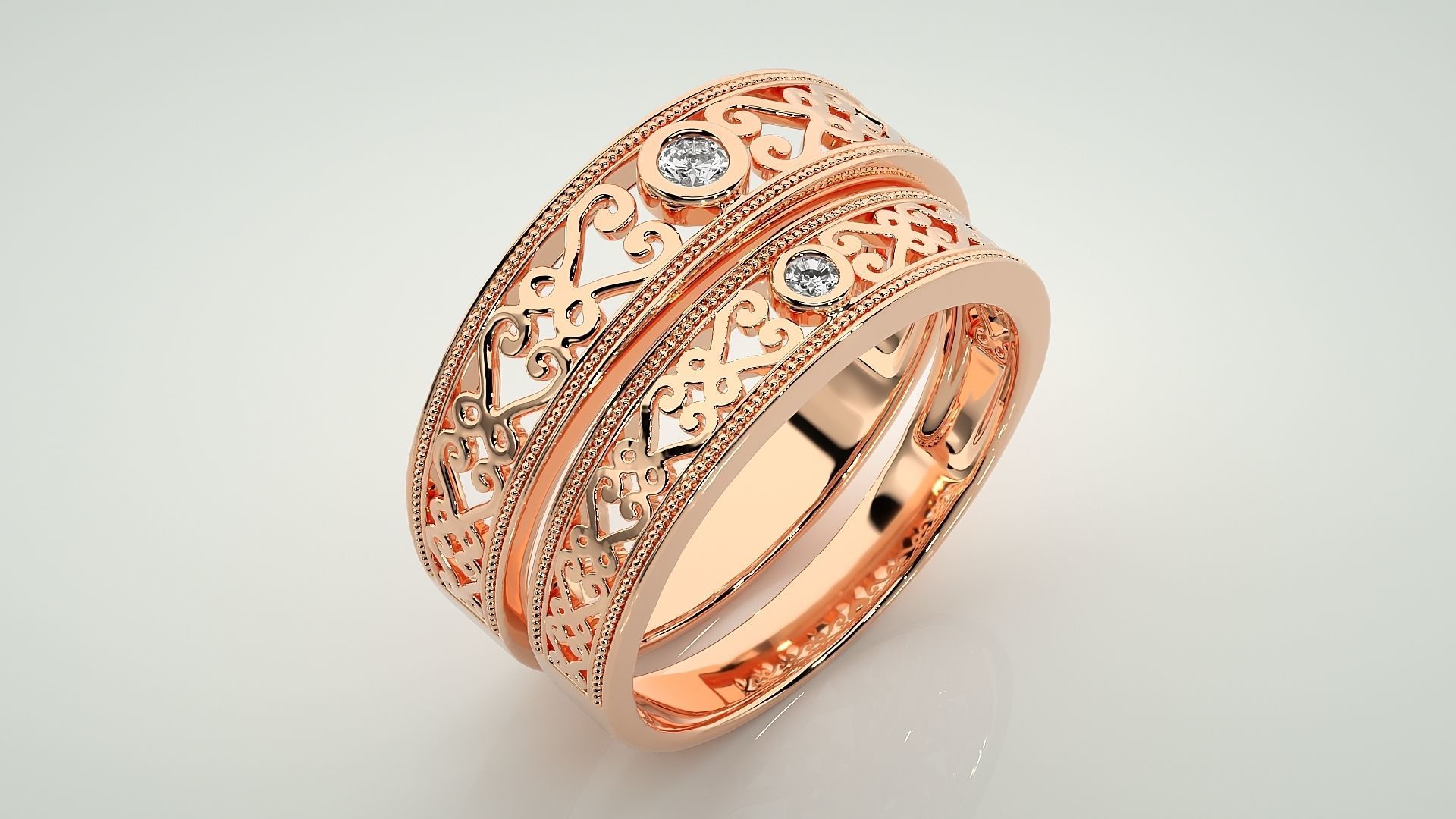 Solitaire Mesh Couple Band Ring 3dm stl render detail 3D print model_4