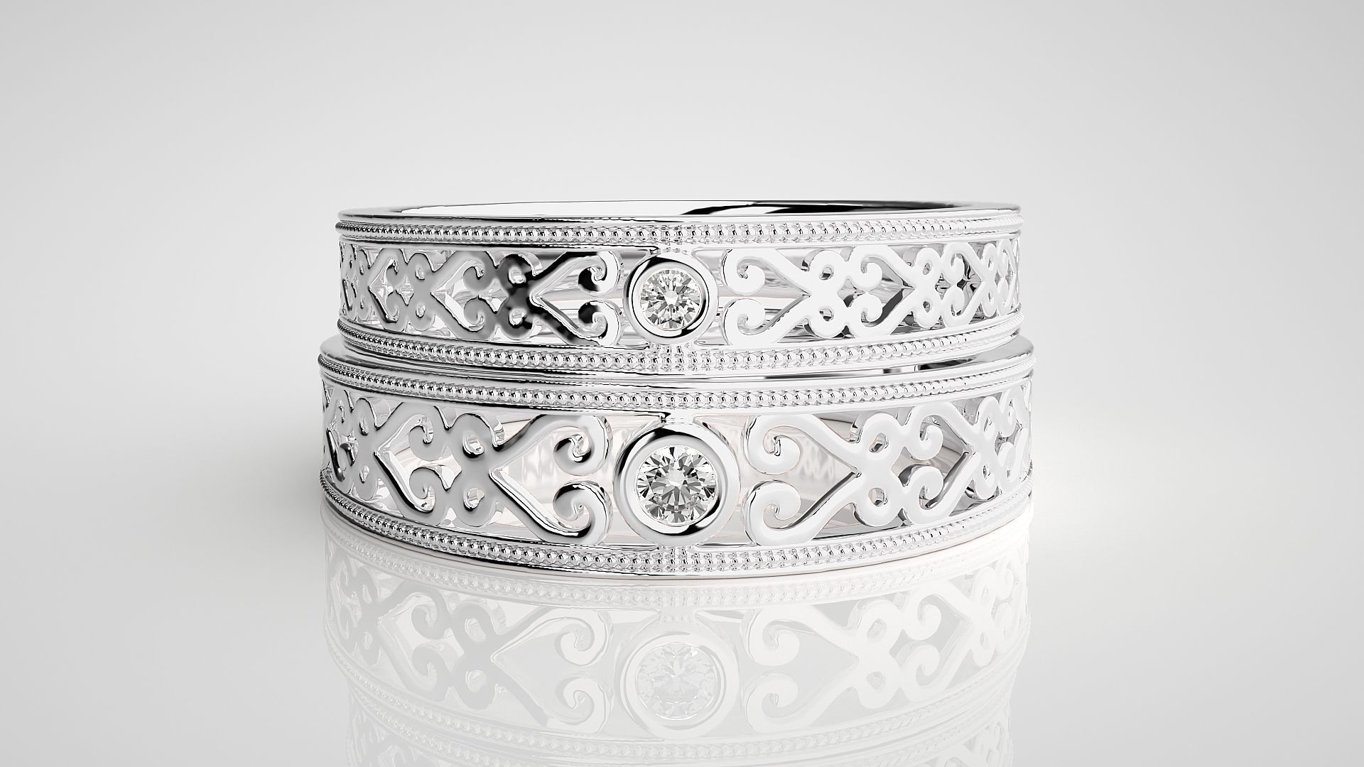 Solitaire Mesh Couple Band Ring 3dm stl render detail 3D print model_7