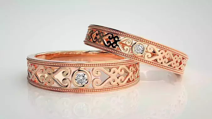 Solitaire Mesh Couple Band Ring 3dm stl render detail 