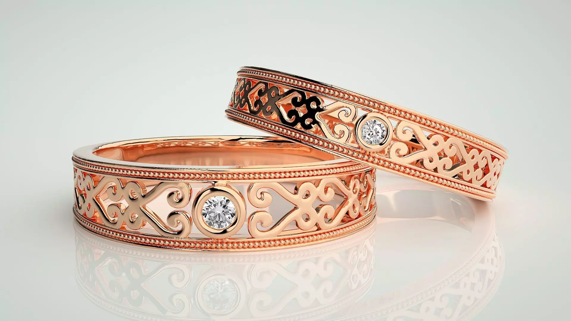 Solitaire Mesh Couple Band Ring 3dm stl render detail 3D print model_0