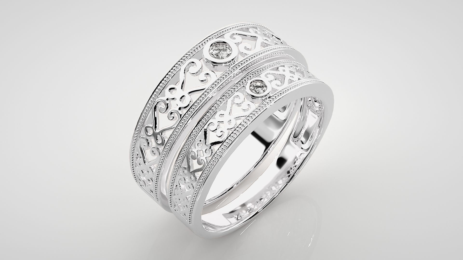 Solitaire Mesh Couple Band Ring 3dm stl render detail 3D print model_8