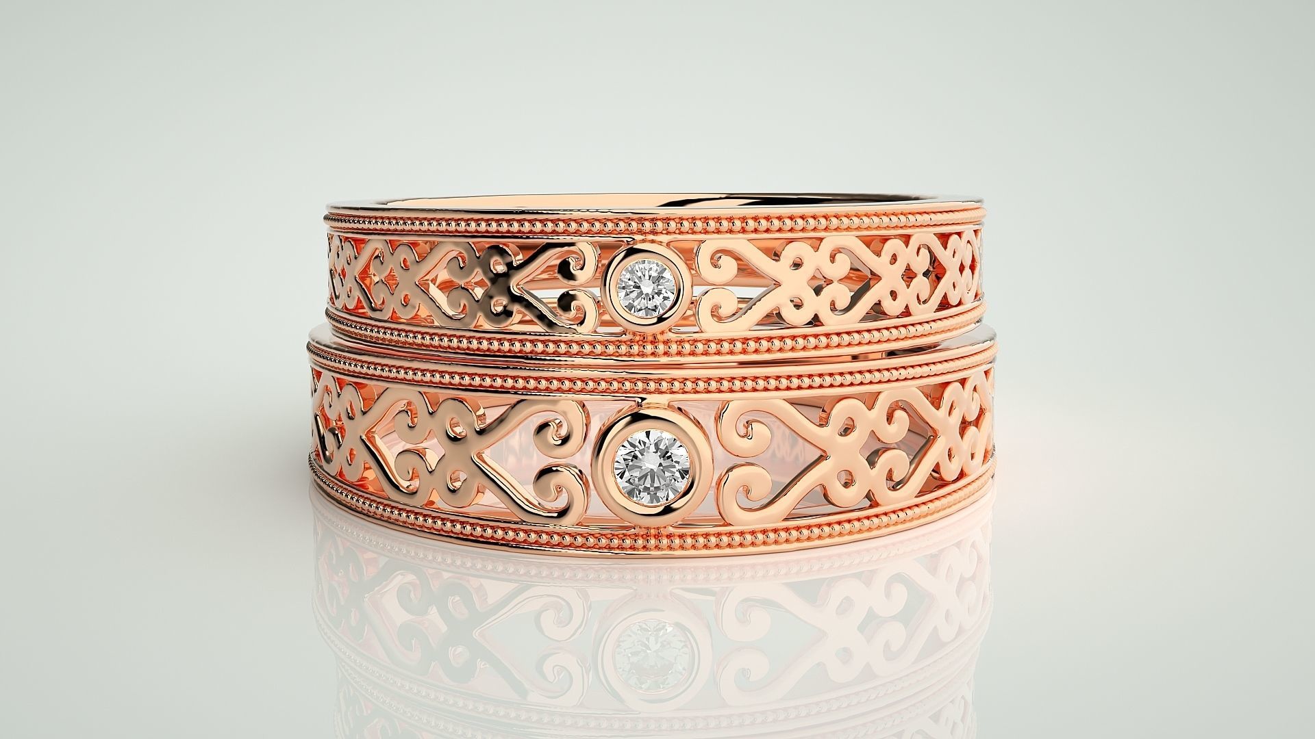 Solitaire Mesh Couple Band Ring 3dm stl render detail 3D print model_2