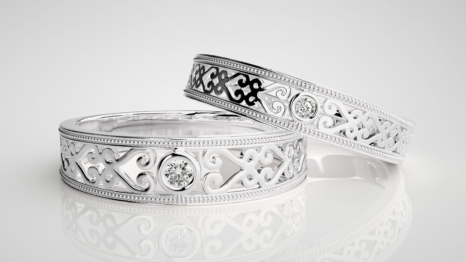 Solitaire Mesh Couple Band Ring 3dm stl render detail 3D print model_5