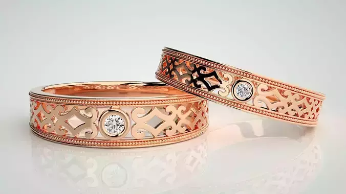 Solitaire Mesh Couple Band Ring 3dm stl render detail 