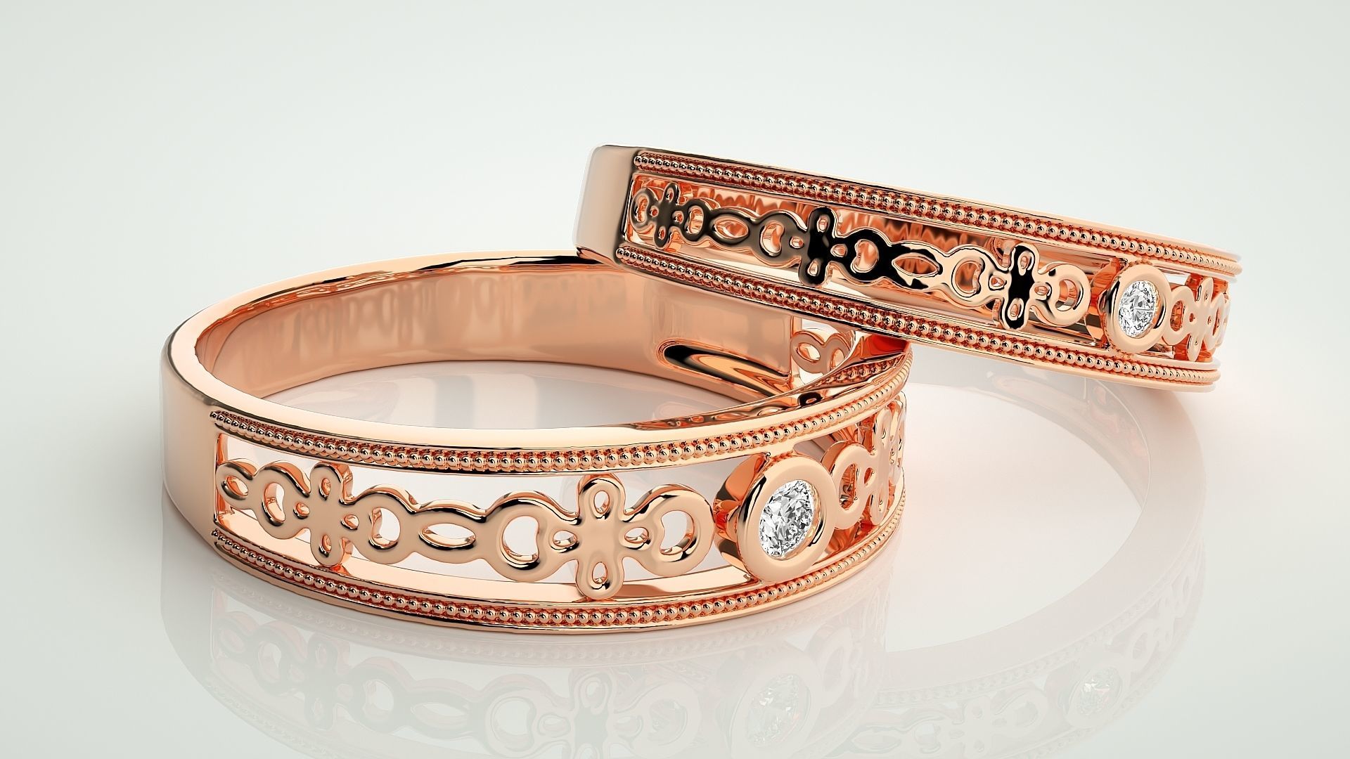 Solitaire Mesh Couple Band Ring 3dm stl render detail  3D print model_1