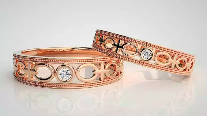 Solitaire Mesh Plain Gold Couple Band Ring 3dm stl render