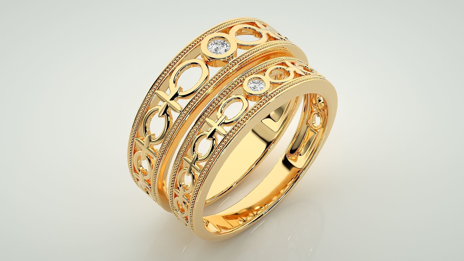 Solitaire Mesh Plain Gold Couple Band Ring 3dm stl render 3D print model_12