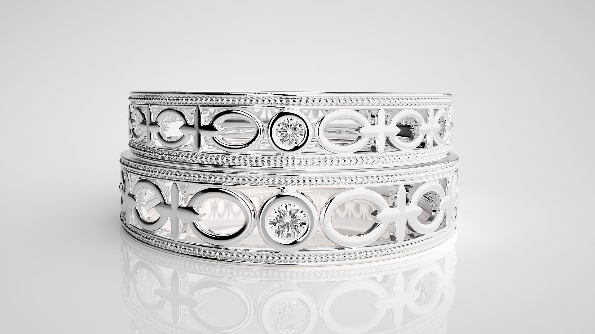 Solitaire Mesh Plain Gold Couple Band Ring 3dm stl render 3D print model_7