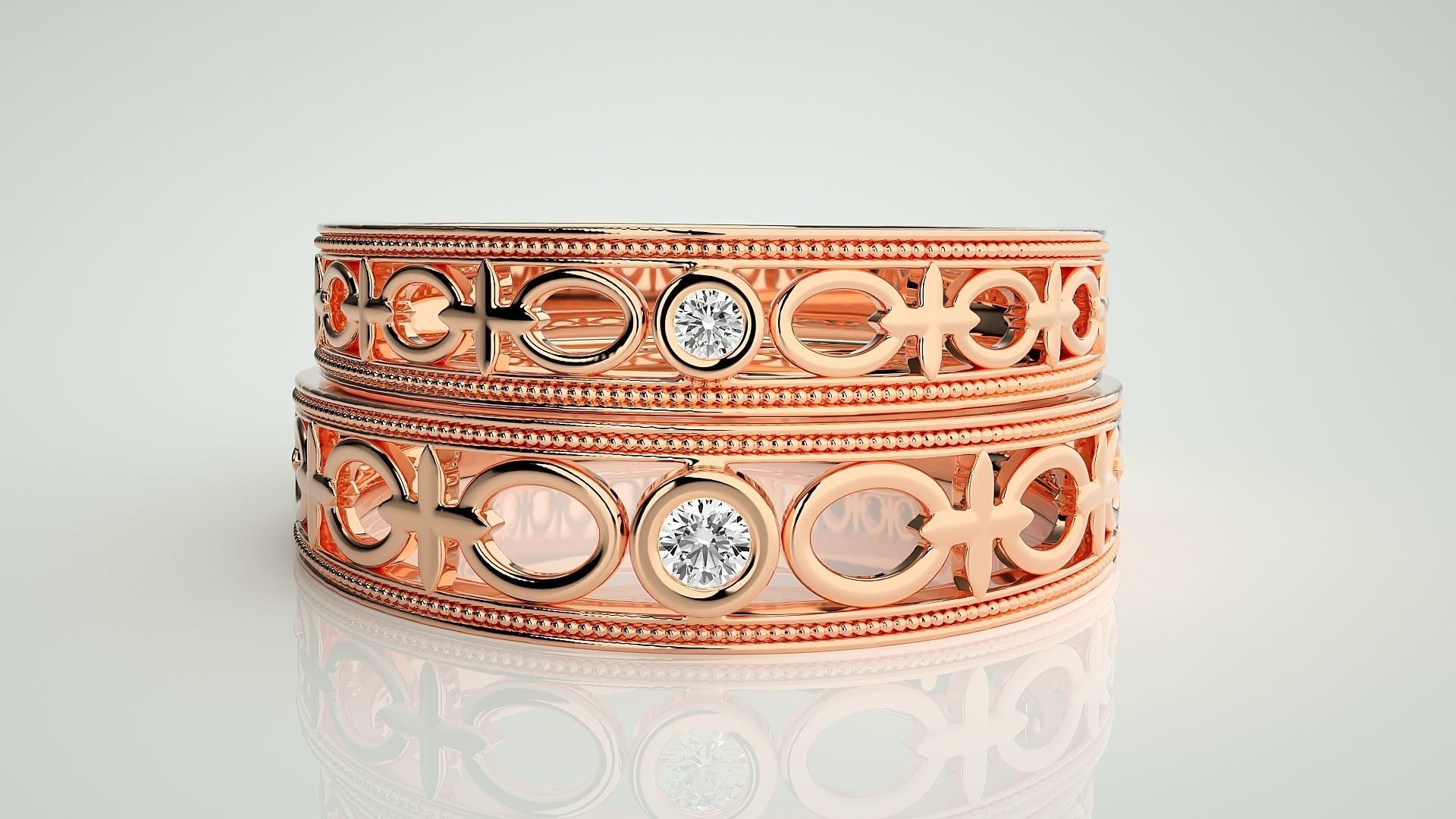 Solitaire Mesh Plain Gold Couple Band Ring 3dm stl render 3D print model_2