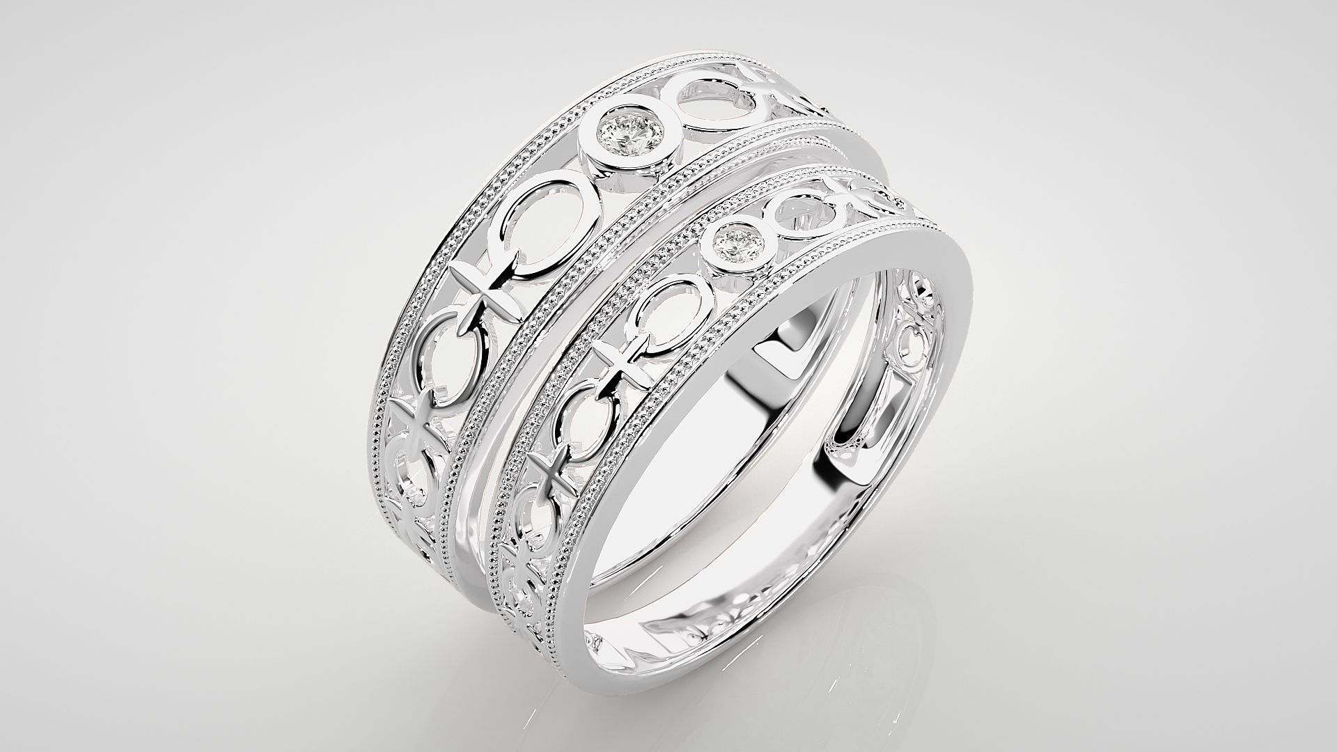 Solitaire Mesh Plain Gold Couple Band Ring 3dm stl render 3D print model_8