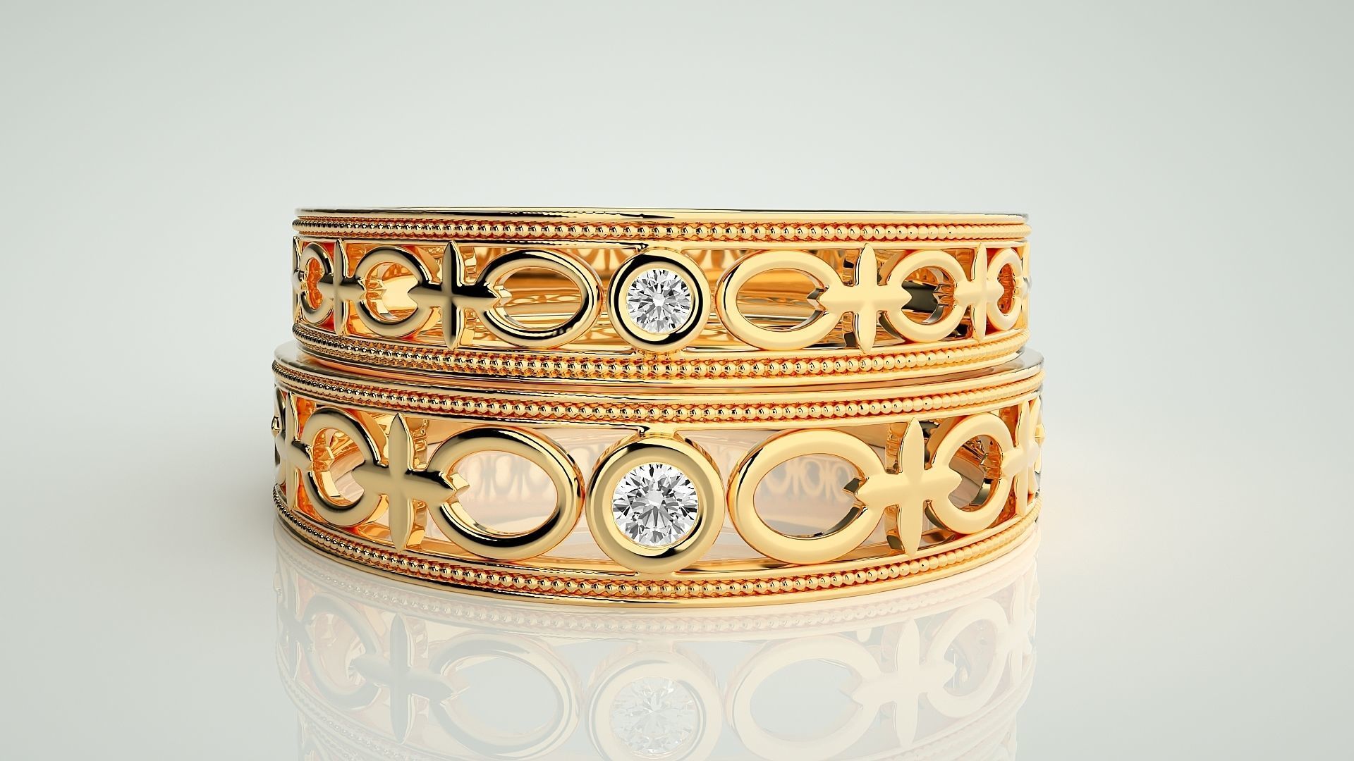 Solitaire Mesh Plain Gold Couple Band Ring 3dm stl render 3D print model_11