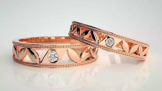 Solitaire Leaf Couple Band Ring 3dm stl render detail 