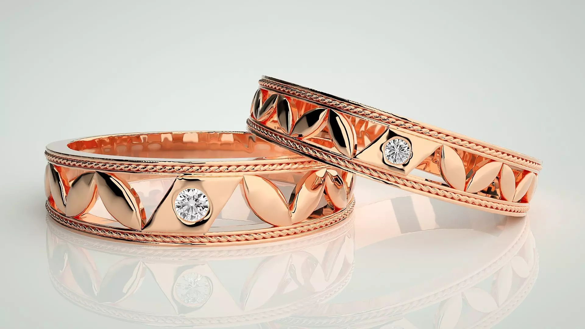 Solitaire Leaf Couple Band Ring 3dm stl render detail 3D print model_0