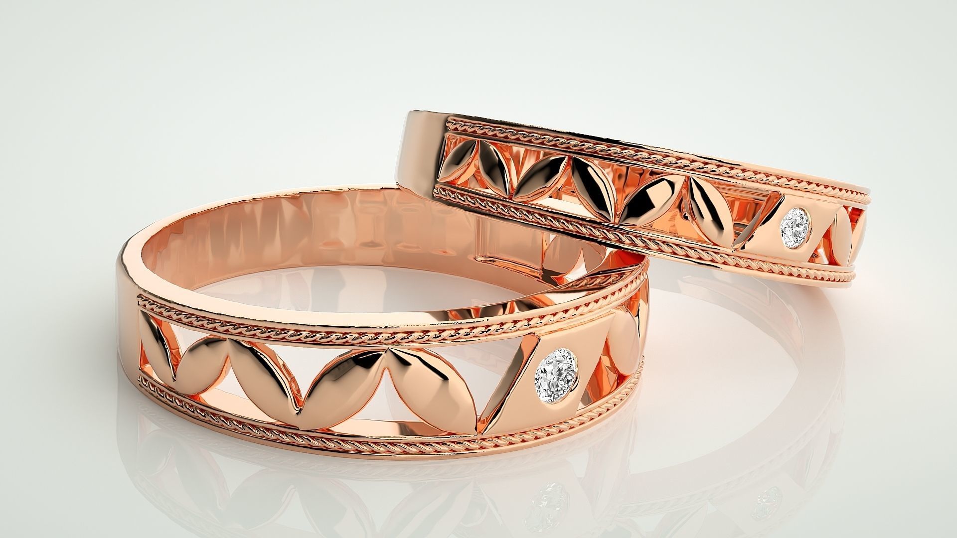 Solitaire Leaf Couple Band Ring 3dm stl render detail 3D print model_1