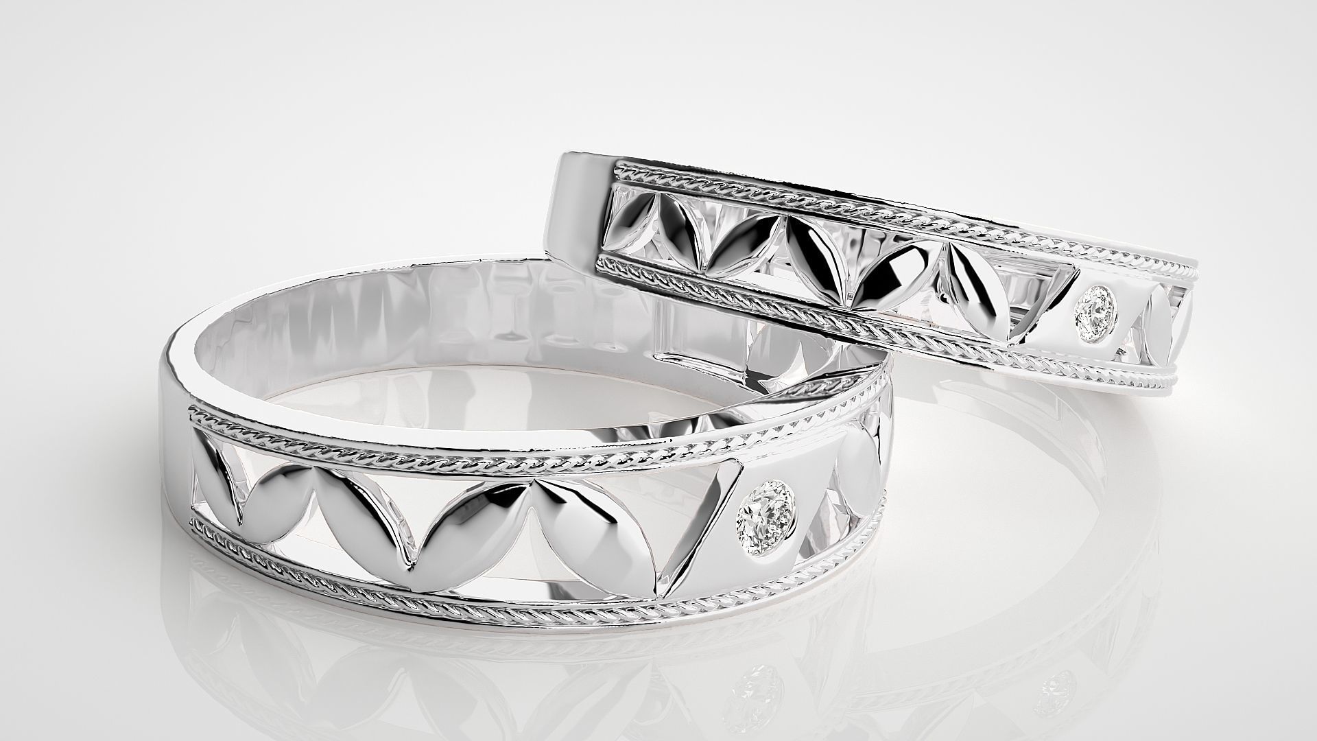 Solitaire Leaf Couple Band Ring 3dm stl render detail 3D print model_6