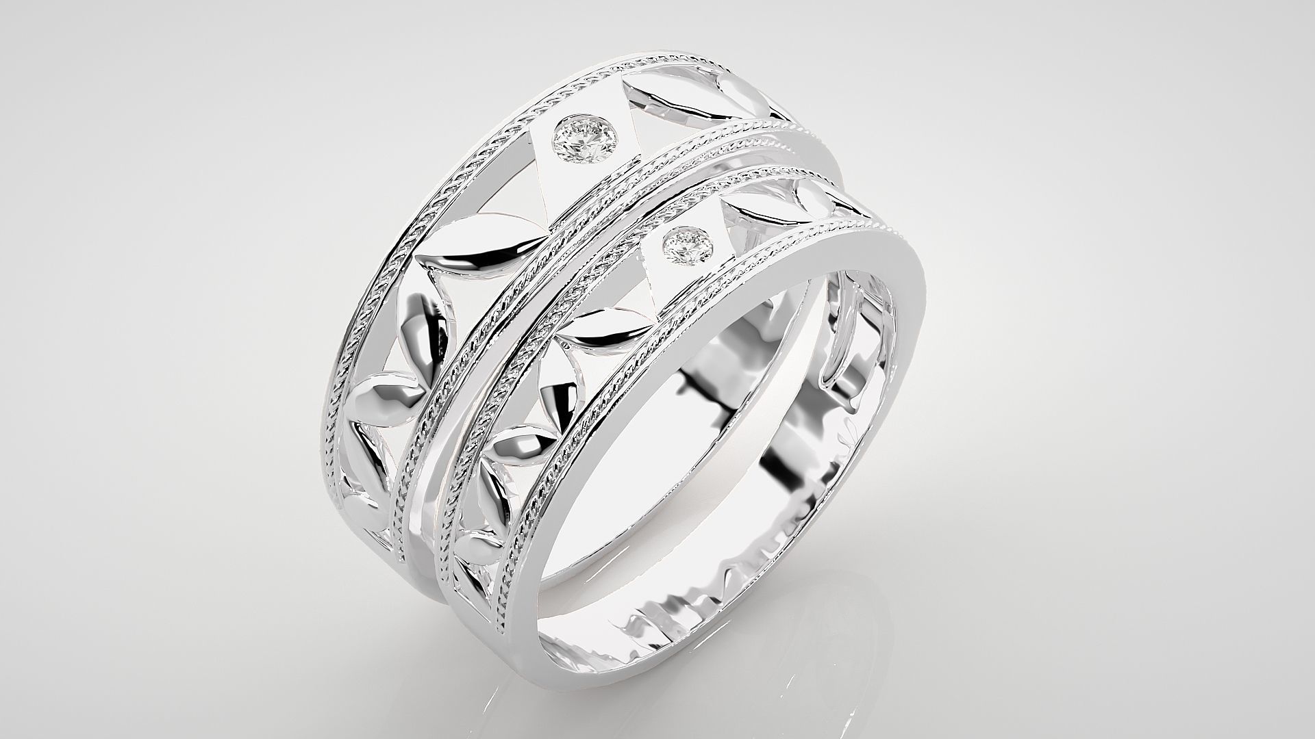 Solitaire Leaf Couple Band Ring 3dm stl render detail 3D print model_8