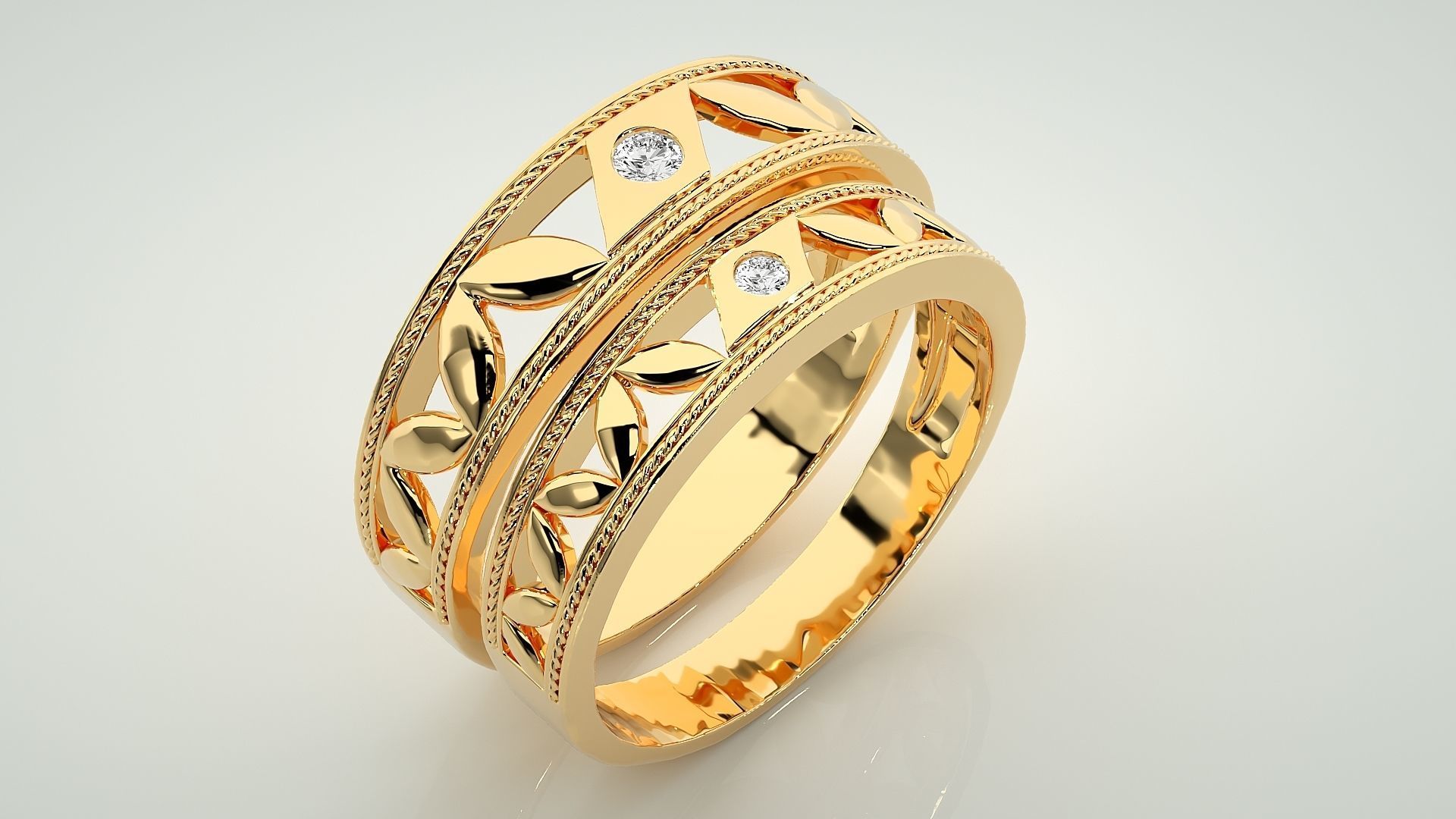 Solitaire Leaf Couple Band Ring 3dm stl render detail 3D print model_12