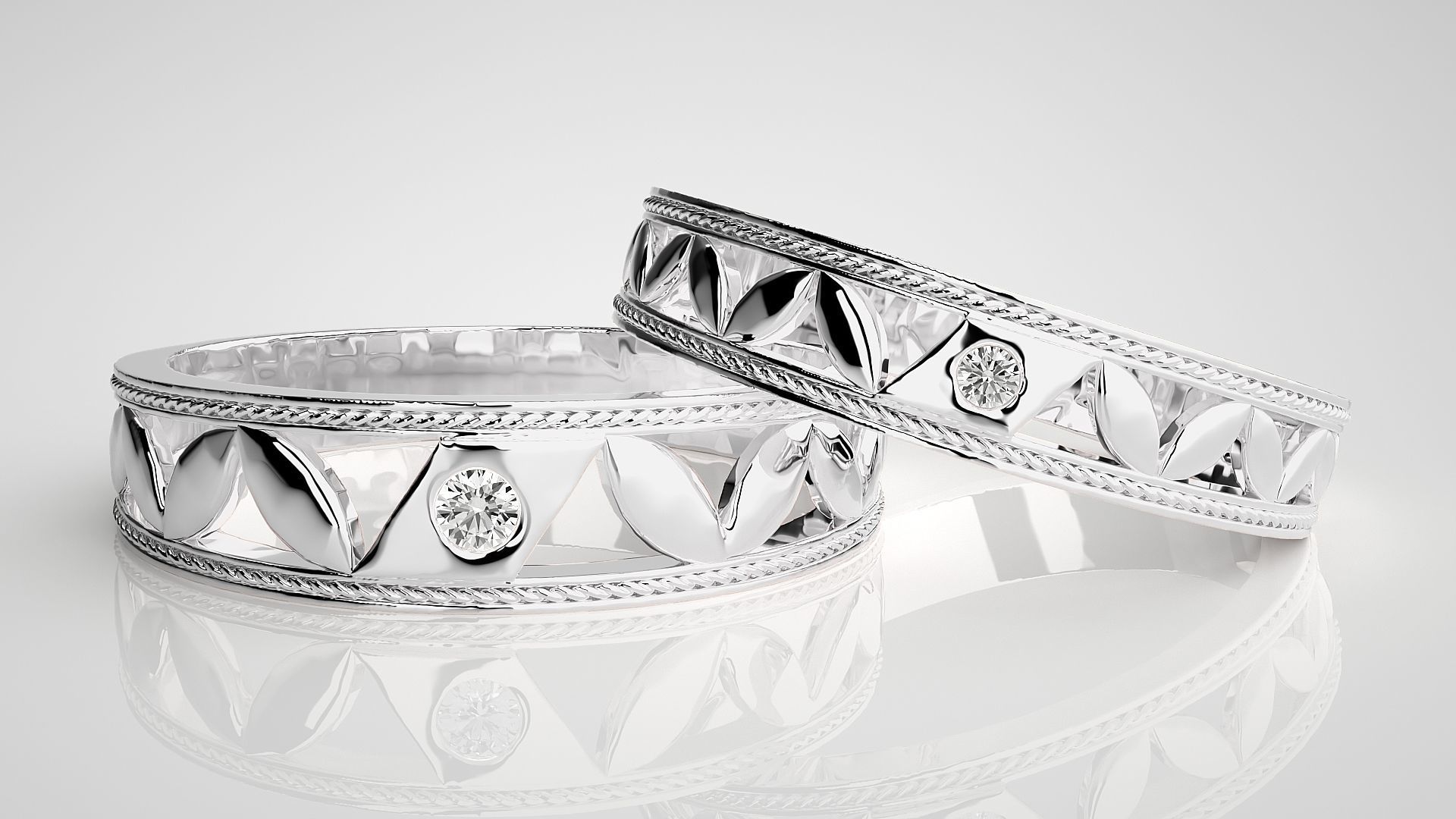 Solitaire Leaf Couple Band Ring 3dm stl render detail 3D print model_5