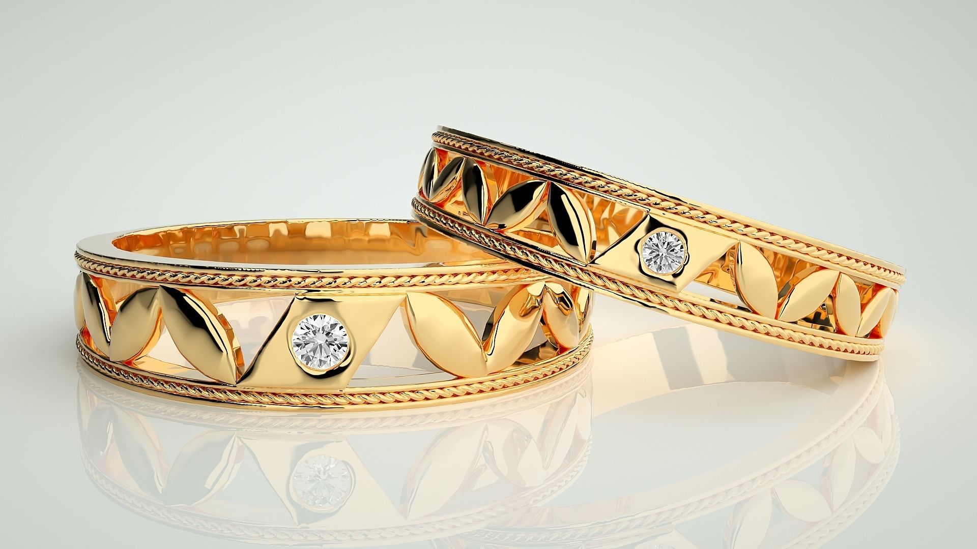 Solitaire Leaf Couple Band Ring 3dm stl render detail 3D print model_9