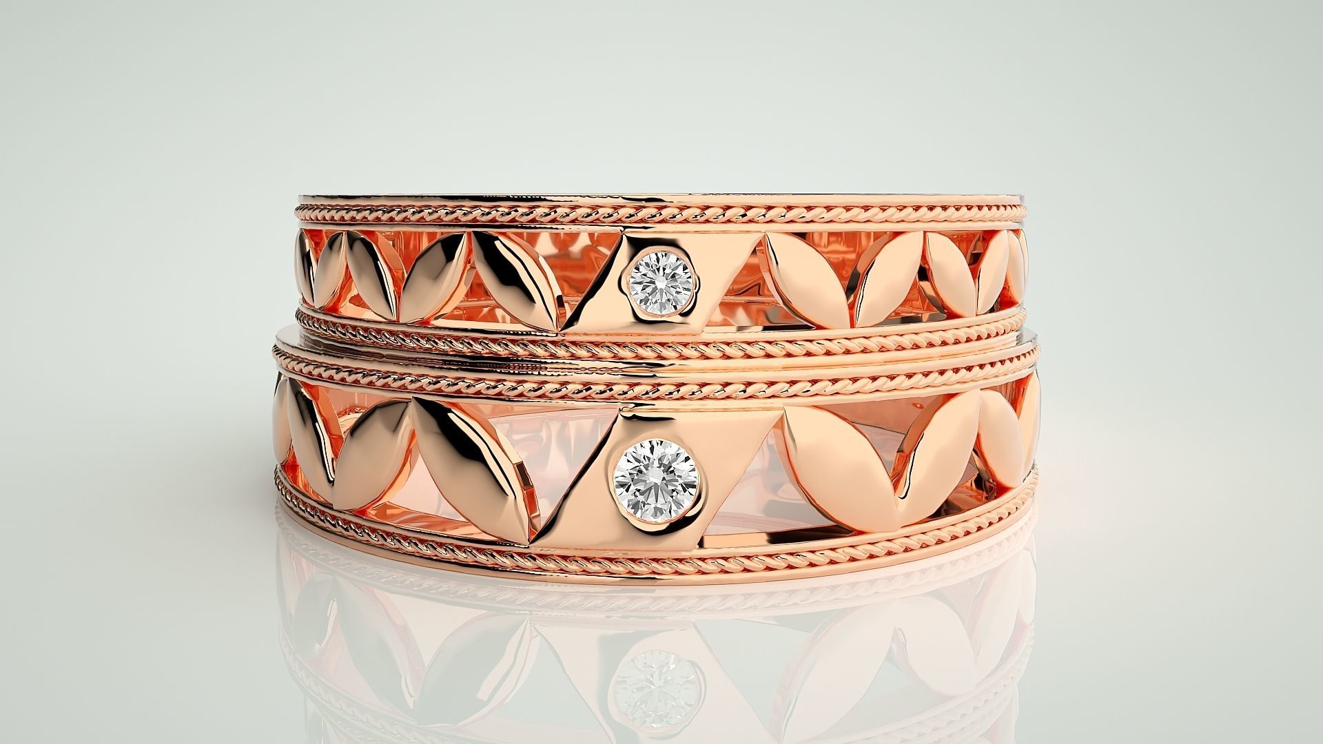 Solitaire Leaf Couple Band Ring 3dm stl render detail 3D print model_2